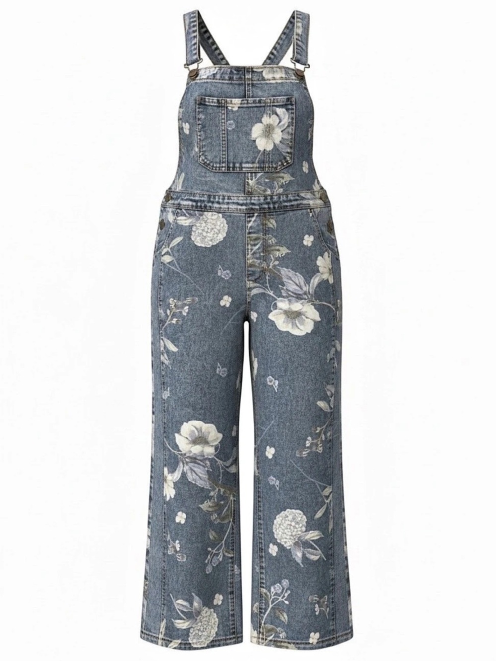 Floral Denim Overalls in Blue & White